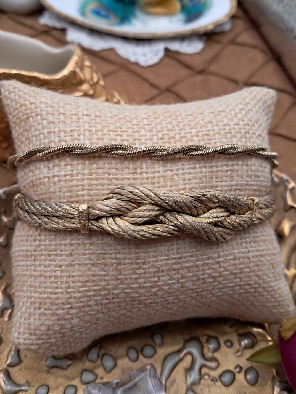 Goldtone Textured Mesh Chain & Braided Center Two Strand Bracelet Lot w/ Extende